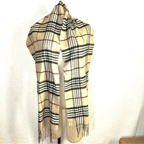 Plaid Scarf 100% Cashmere Made in Scotland 64x12 Beige Tan Check Tartan Gorpcore